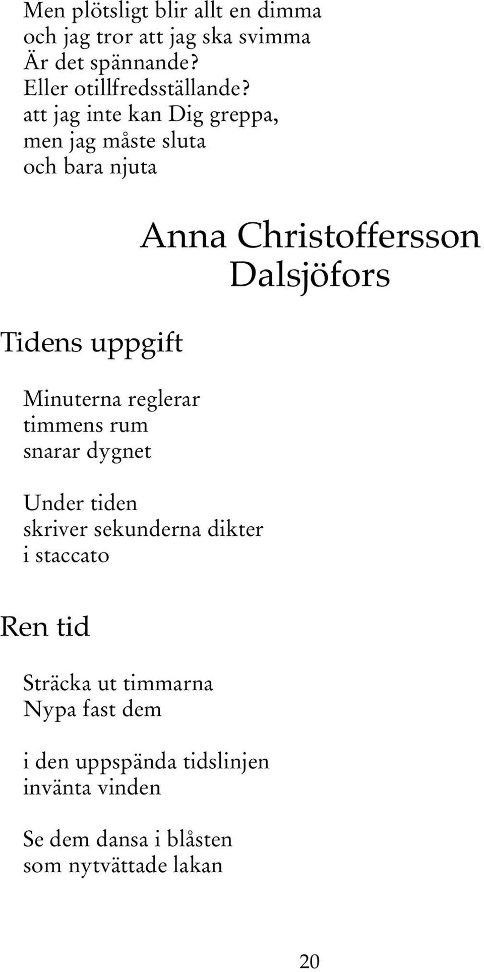 snarar dygnet Anna Christoffersson Dalsjöfors Under tiden skriver sekunderna dikter i staccato Ren tid Sträcka