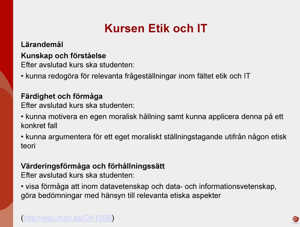 argumentera för ett eget moraliskt ställningstagande utifrån någon etisk teori Värderingsförmåga och förhållningssätt Efter avslutad kurs ska studenten: