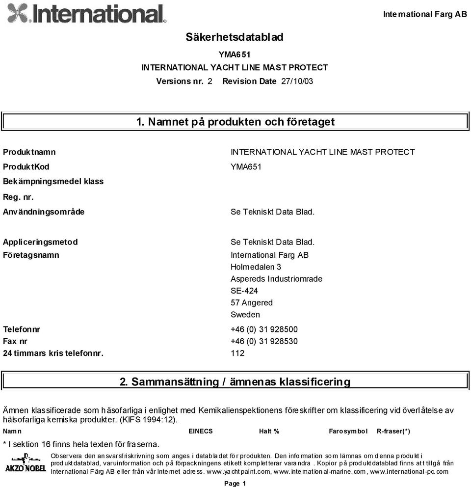 Företagsnamn International Farg AB Holmedalen 3 Aspereds Industriomrade SE-424 57 Angered Sweden Telefonnr +46 (0) 31 928500 Fax nr +46 (0) 31 928530 24 timmars kris