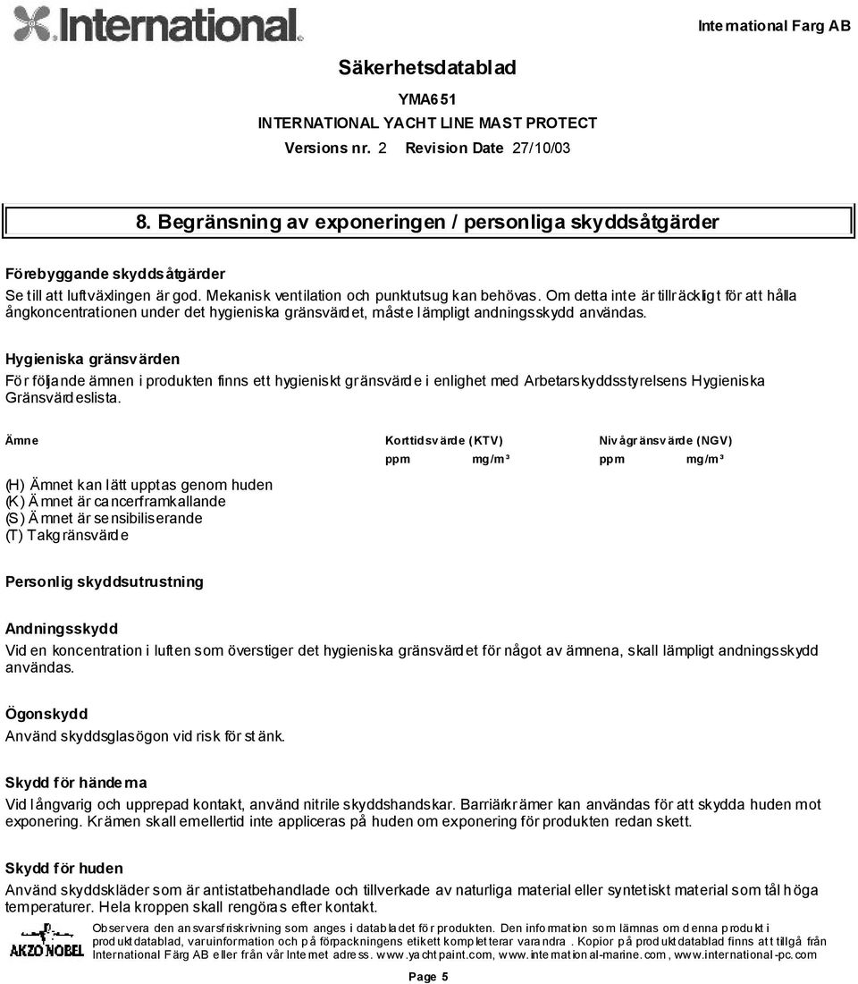 Hygieniska gränsvärden För följande ämnen i produkten finns ett hygieniskt gränsvärde i enlighet med Arbetarskyddsstyrelsens Hygieniska Gränsvärdeslista.