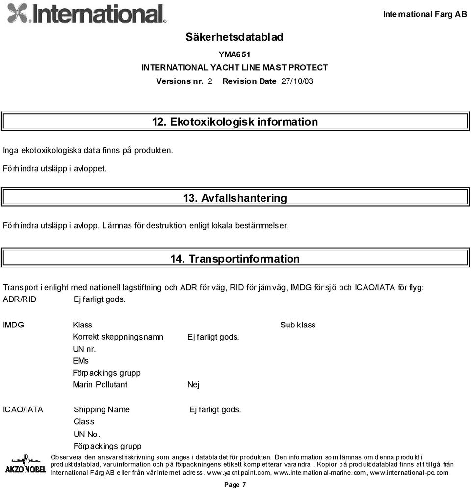 Transportinformation Transport i enlight med nationell lagstiftning och ADR för väg, RID för järnväg, IMDG för sjö och ICAO/IATA för flyg: