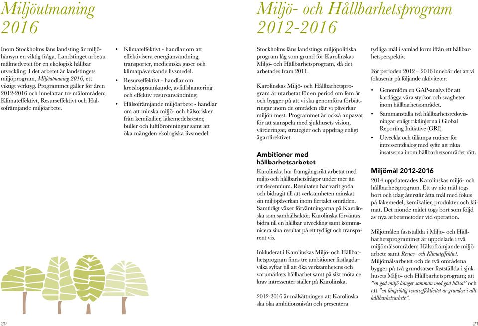Programmet gäller för åren 2012-2016 och innefattar tre målområden; Klimateffektivt, Resurseffektivt och Hälsofrämjande miljöarbete.