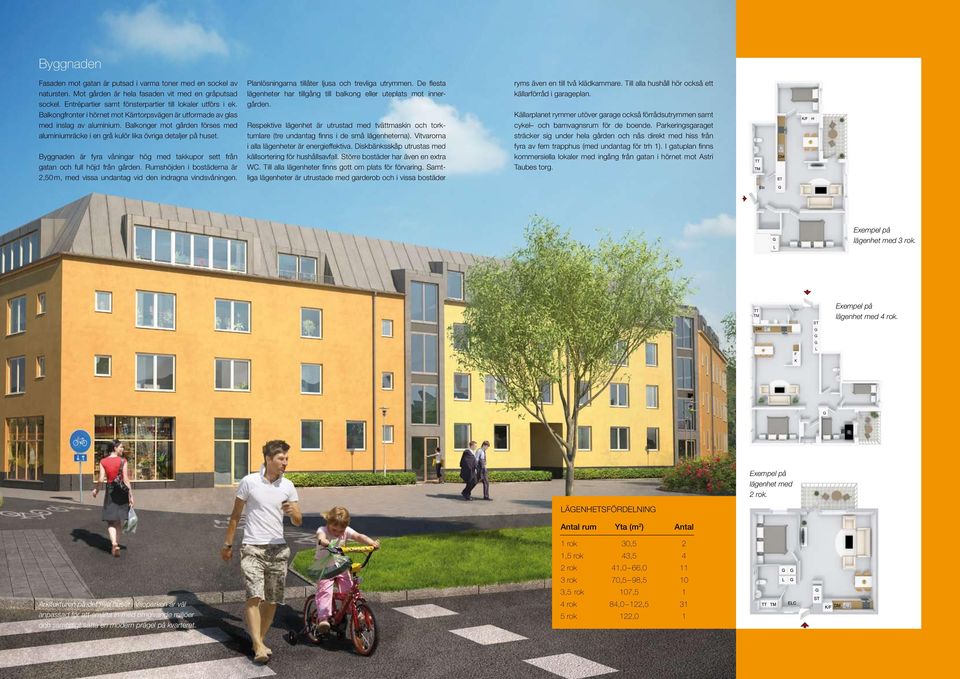 Byggnaden är fyra våningar hög med takkupor sett från gatan och full höjd från gården. Rumshöjden i bostäderna är 2,50 m, med vissa undantag vid den indragna vindsvåningen.