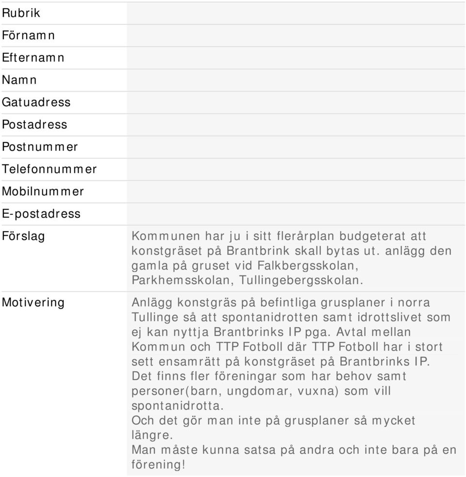 Anlägg konstgräs på befintliga grusplaner i norra Tullinge så att spontanidrotten samt idrottslivet som ej kan nyttja Brantbrinks IP pga.