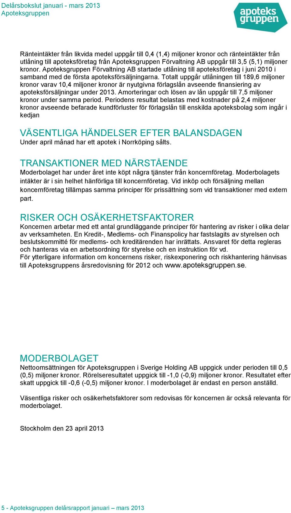 Totalt uppgår utlåningen till 189,6 miljoner kronor varav 10,4 miljoner kronor är nyutgivna förlagslån avseende finansiering av apoteksförsäljningar under 2013.