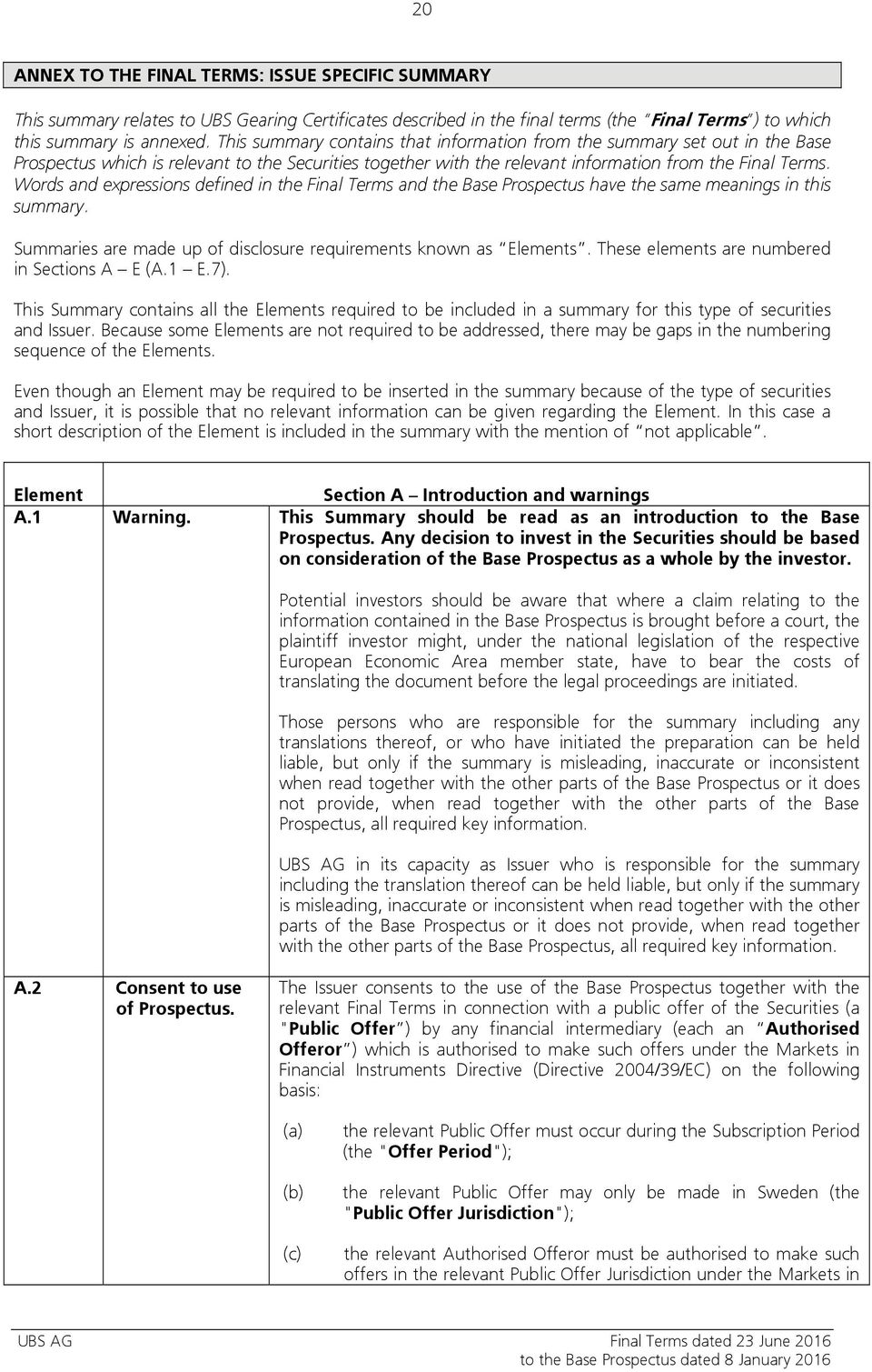 Words and expressions defined in the Final Terms and the Base Prospectus have the same meanings in this summary. Summaries are made up of disclosure requirements known as Elements.