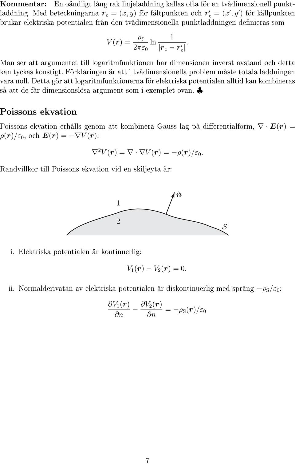 Man se att agumentet till logaitmfunktionen ha dimensionen invest avstånd och detta kan tyckas konstigt. Föklaingen ä att i tvådimensionella poblem måste totala laddningen vaa noll.