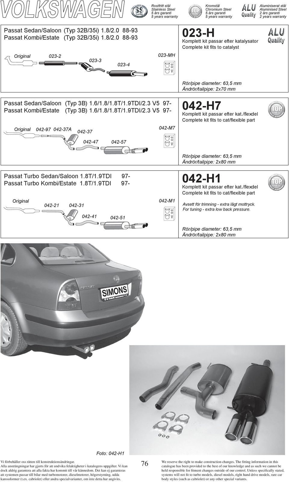 /fl exdel Complete kit fi ts to cat/flexible part 042-47 042-57 Passat Turbo Sedan/Saloon 1.8T/1.