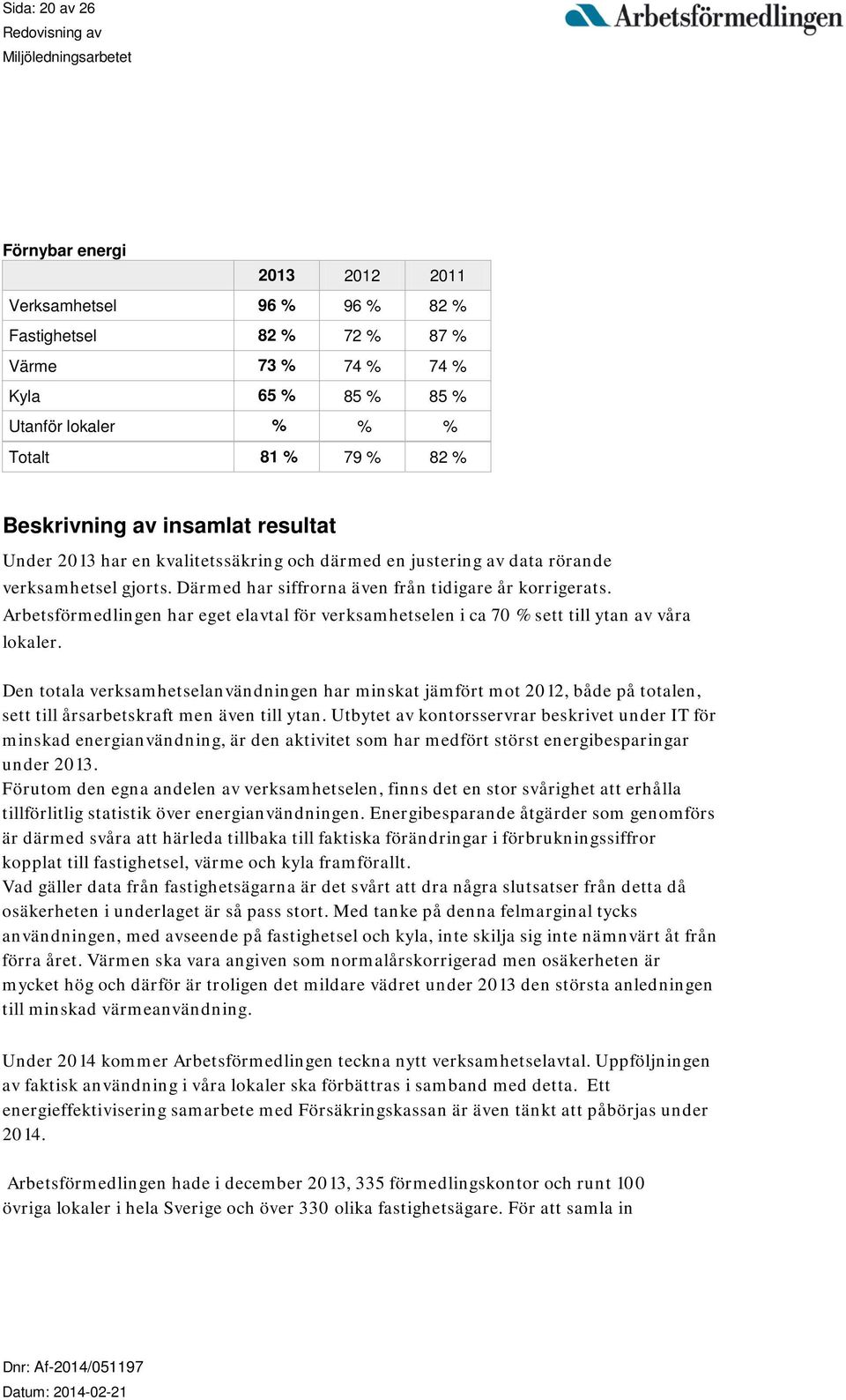 Arbetsförmedlingen har eget elavtal för verksamhetselen i ca 70 % sett till ytan av våra lokaler.