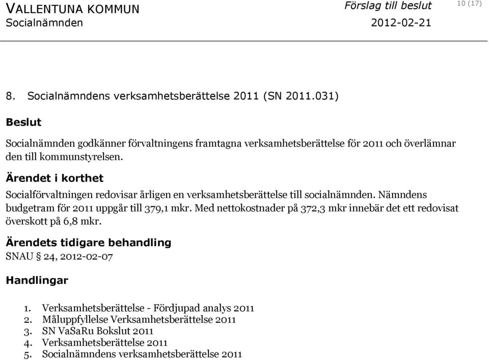 Ärendet i korthet Socialförvaltningen redovisar årligen en verksamhetsberättelse till socialnämnden. Nämndens budgetram för 2011 uppgår till 379,1 mkr.