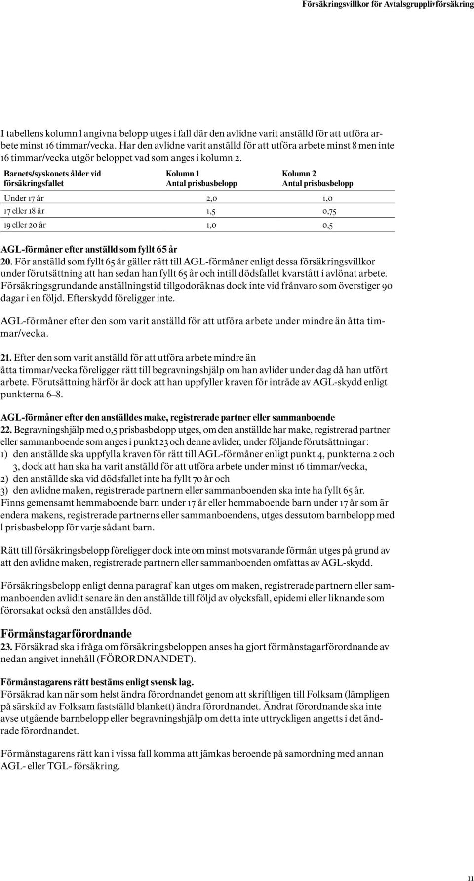 Barnets/syskonets ålder vid försäkringsfallet Kolumn 1 Antal prisbasbelopp Kolumn 2 Antal prisbasbelopp Under 17 år 2,0 1,0 17 eller 18 år 1,5 0,75 19 eller 20 år 1,0 0,5 AGL-förmåner efter anställd