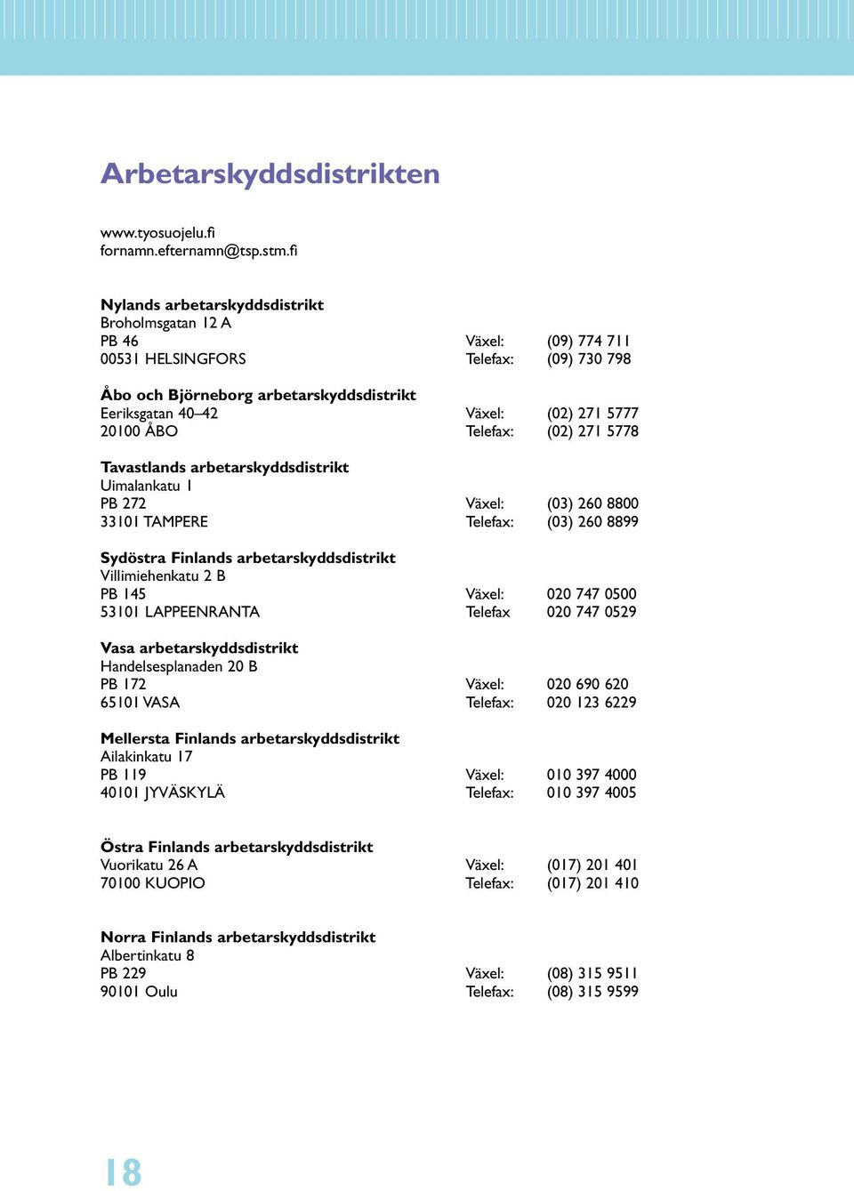 20100 ÅBO Telefax: (02) 271 5778 Tavastlands arbetarskyddsdistrikt Uimalankatu 1 PB 272 Växel: (03) 260 8800 33101 TAMPERE Telefax: (03) 260 8899 Sydöstra Finlands arbetarskyddsdistrikt