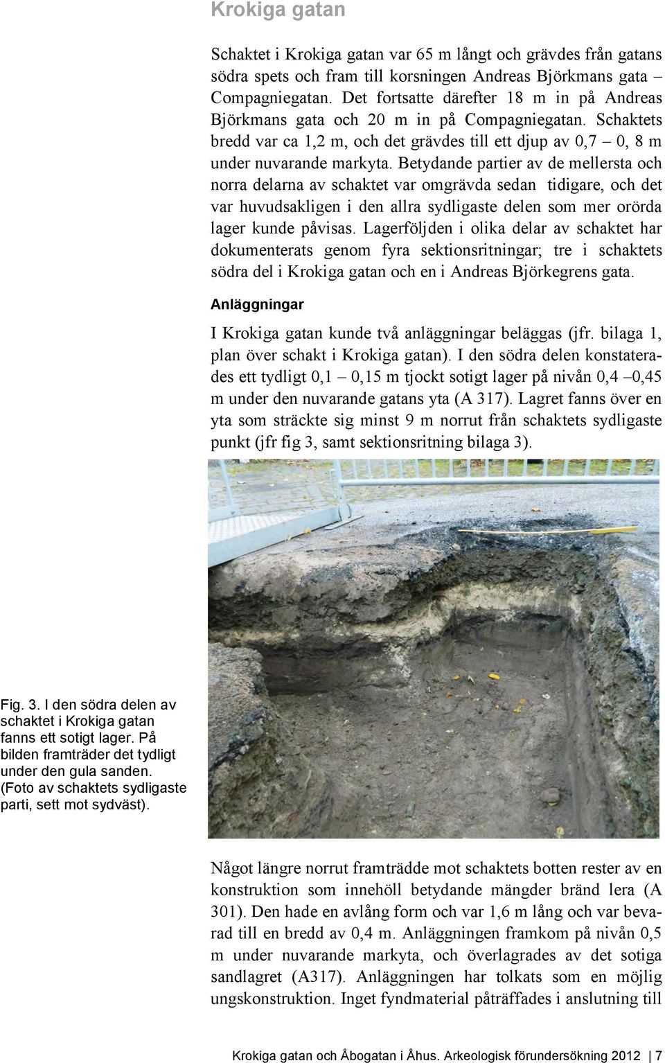 Betydande partier av de mellersta och norra delarna av schaktet var omgrävda sedan tidigare, och det var huvudsakligen i den allra sydligaste delen som mer orörda lager kunde påvisas.