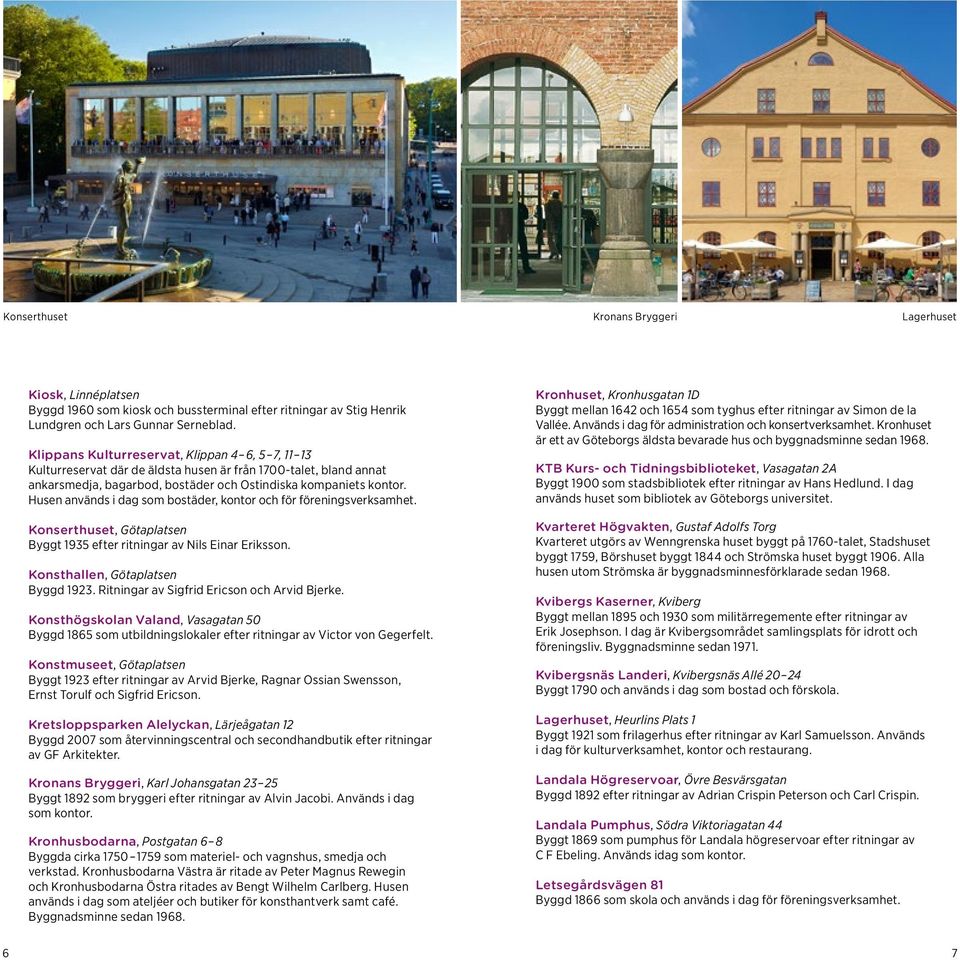 Husen används i dag som bostäder, kontor och för föreningsverksamhet. Konserthuset, Götaplatsen Byggt 1935 efter ritningar av Nils Einar Eriksson. Konsthallen, Götaplatsen Byggd 1923.