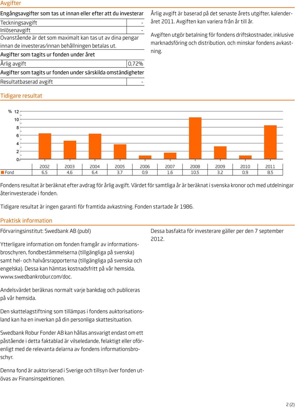 Avgifter som tagits ur fonden under året Årlig avgift 0,72% Avgifter som tagits ur fonden under särskilda omständigheter Resultatbaserad avgift - Årlig avgift är baserad på det senaste årets