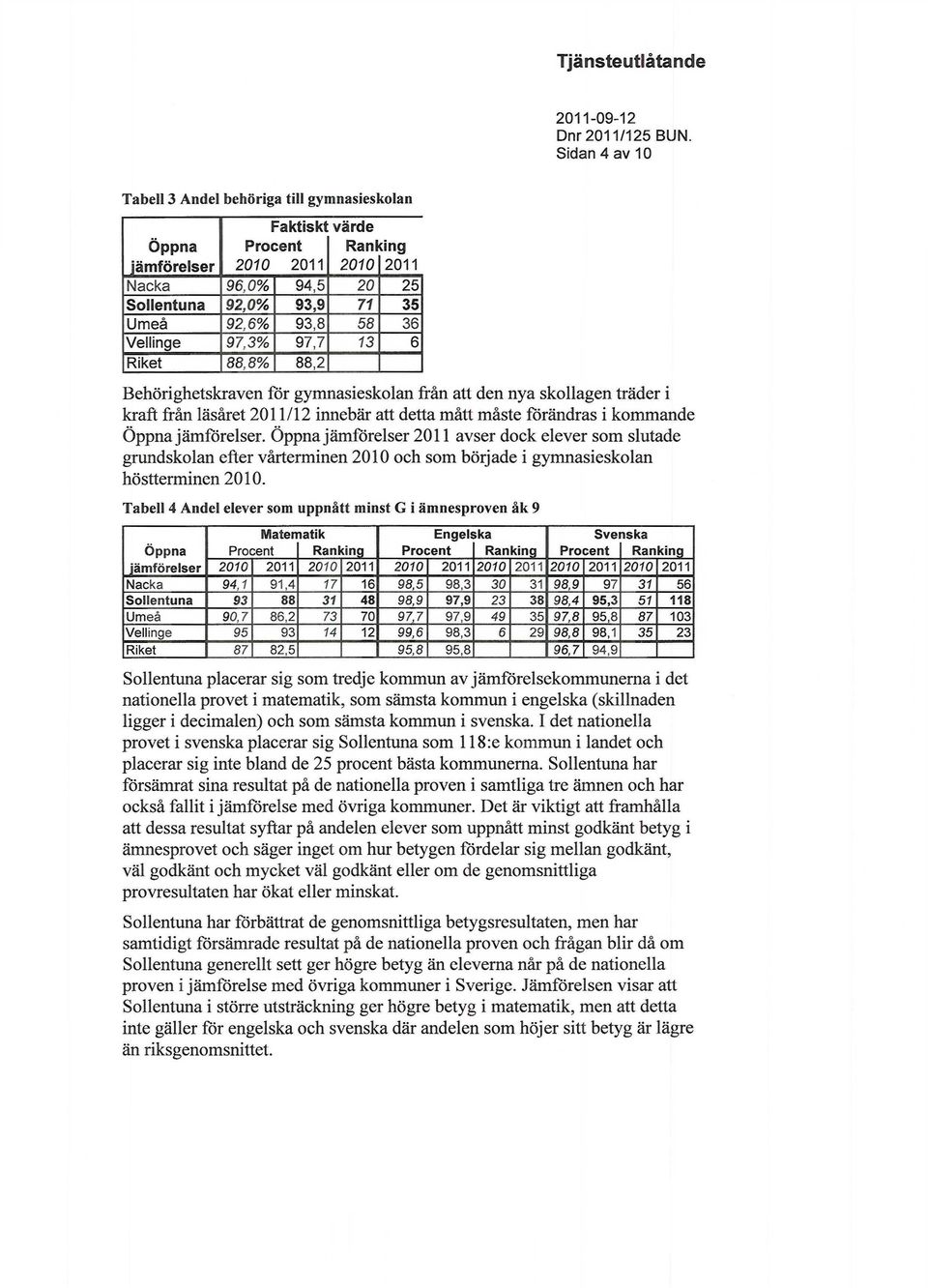 jämförelser. Öppna jämförelser 2011 avser dock elever som slutade grundskolan efter vårterminen 2010 och som började i gymnasieskolan höstterminen 2010.