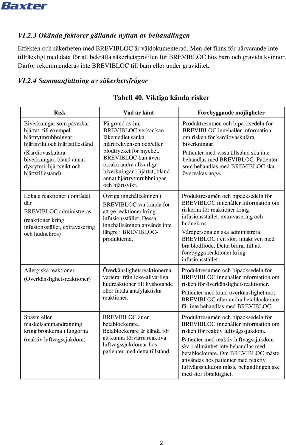Därför rekommenderas inte BREVIBLOC till barn eller under graviditet. VI.2.4 Sammanfattning av säkerhetsfrågor Tabell 40.