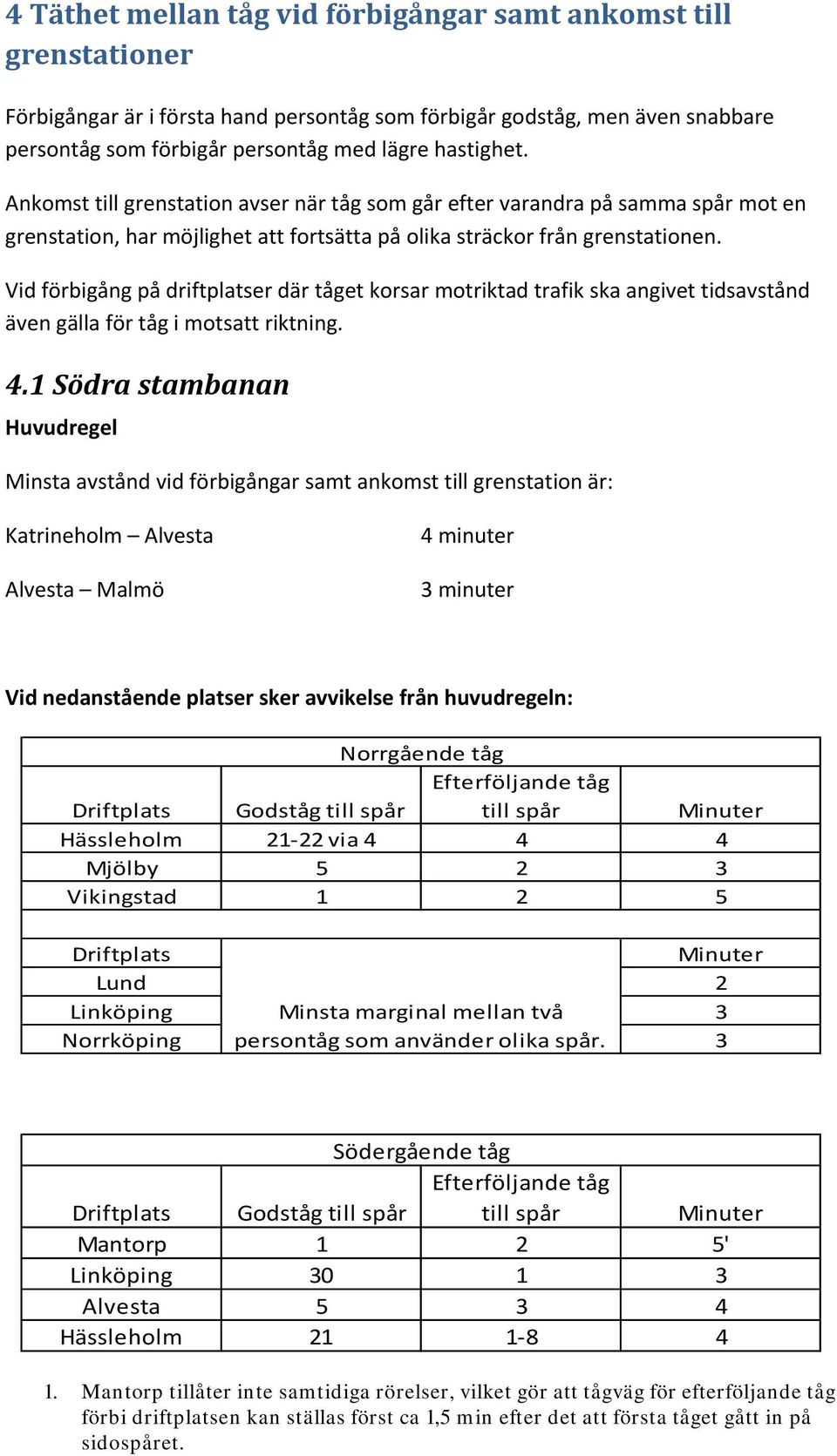 Vid förbigång på driftplatser där tåget korsar motriktad trafik ska angivet tidsavstånd även gälla för tåg i motsatt riktning. 4.