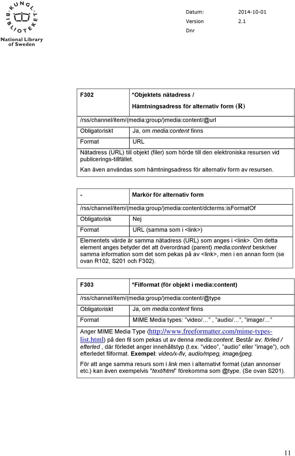 - Markör för alternativ form /rss/channel/item/(media:group/)media:content/dcterms:isof Obligatorisk URL (samma som i <link>) Elementets värde är samma nätadress (URL) som anges i <link>.