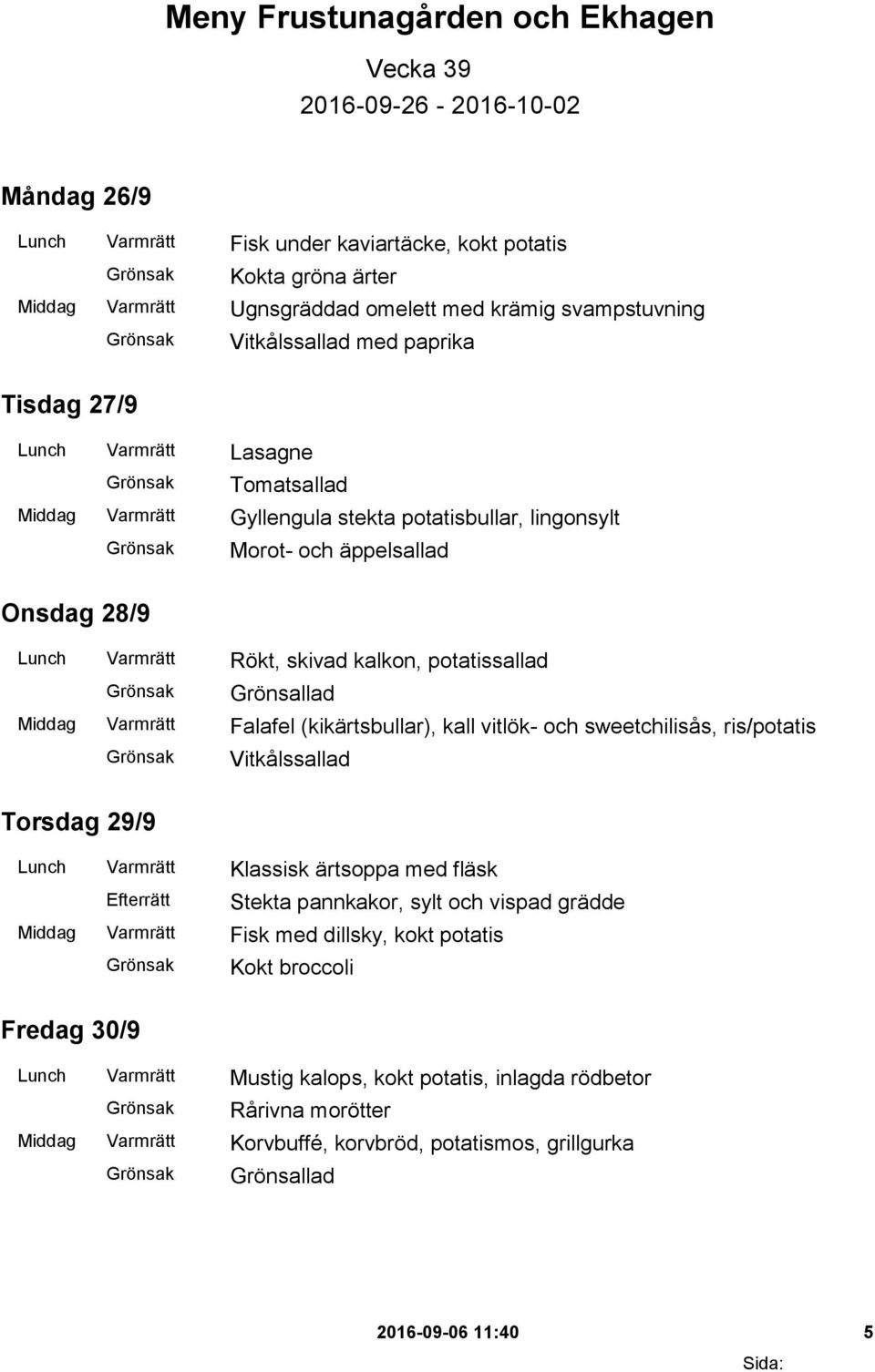 Rökt, skivad kalkon, potatissallad Middag Varmrätt Falafel (kikärtsbullar), kall vitlök- och sweetchilisås, ris/potatis Vitkålssallad Torsdag 29/9 Lunch Varmrätt Klassisk ärtsoppa med fläsk Stekta