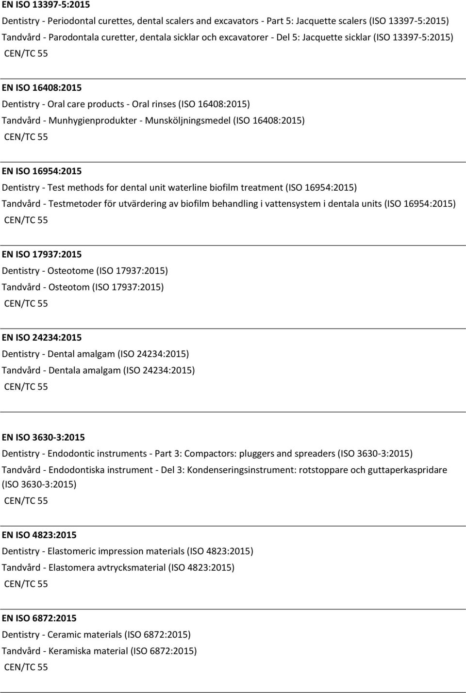 16954:2015 Dentistry - Test methods for dental unit waterline biofilm treatment (ISO 16954:2015) Tandvård - Testmetoder för utvärdering av biofilm behandling i vattensystem i dentala units (ISO