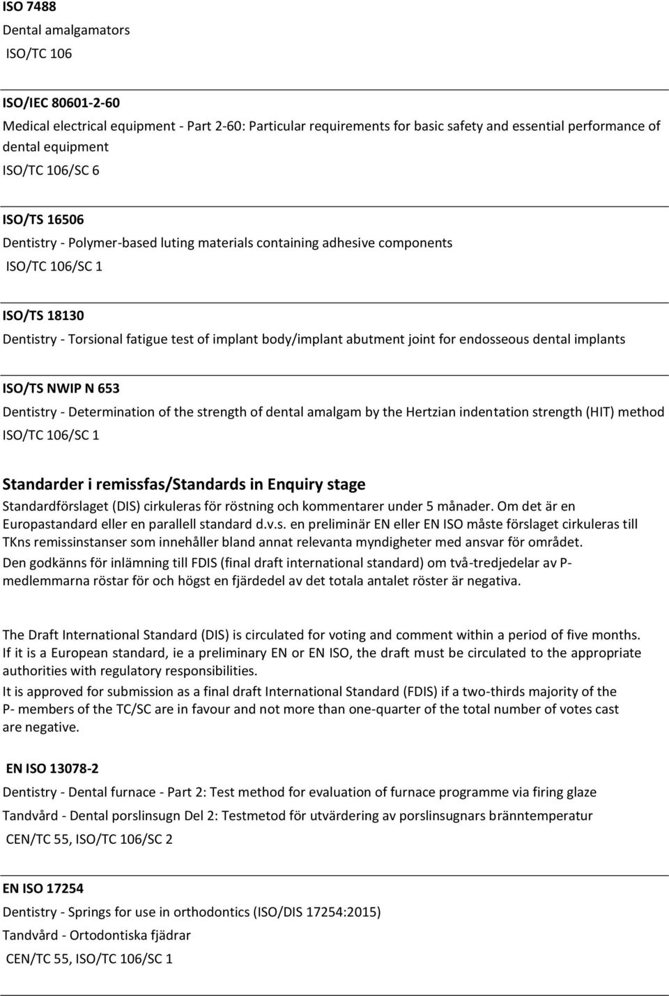 for endosseous dental implants ISO/TS NWIP N 653 Dentistry - Determination of the strength of dental amalgam by the Hertzian indentation strength (HIT) method ISO/TC 106/SC 1 Standarder i