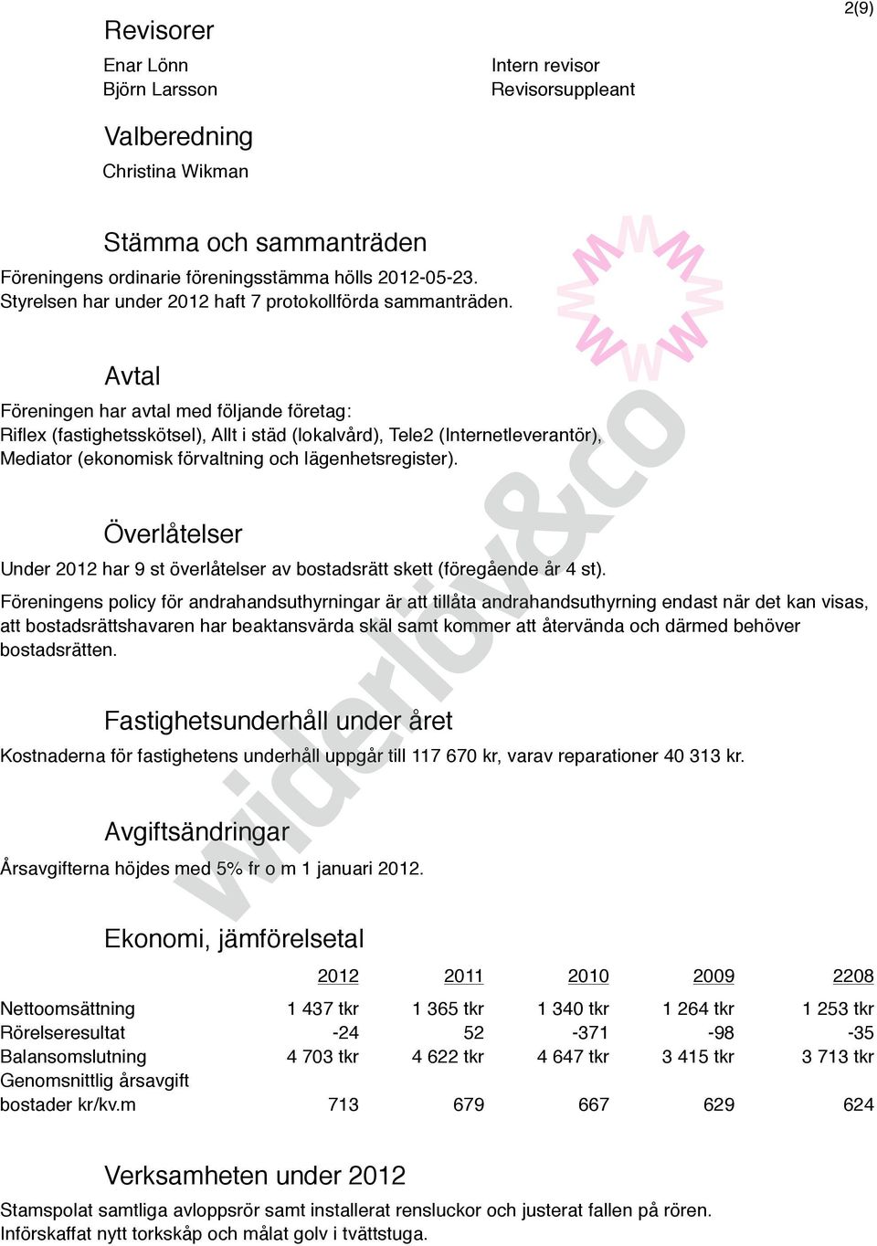Avtal Föreningen har avtal med följande företag: Riflex (fastighetsskötsel), Allt i städ (lokalvård), Tele2 (Internetleverantör), Mediator (ekonomisk förvaltning och lägenhetsregister).