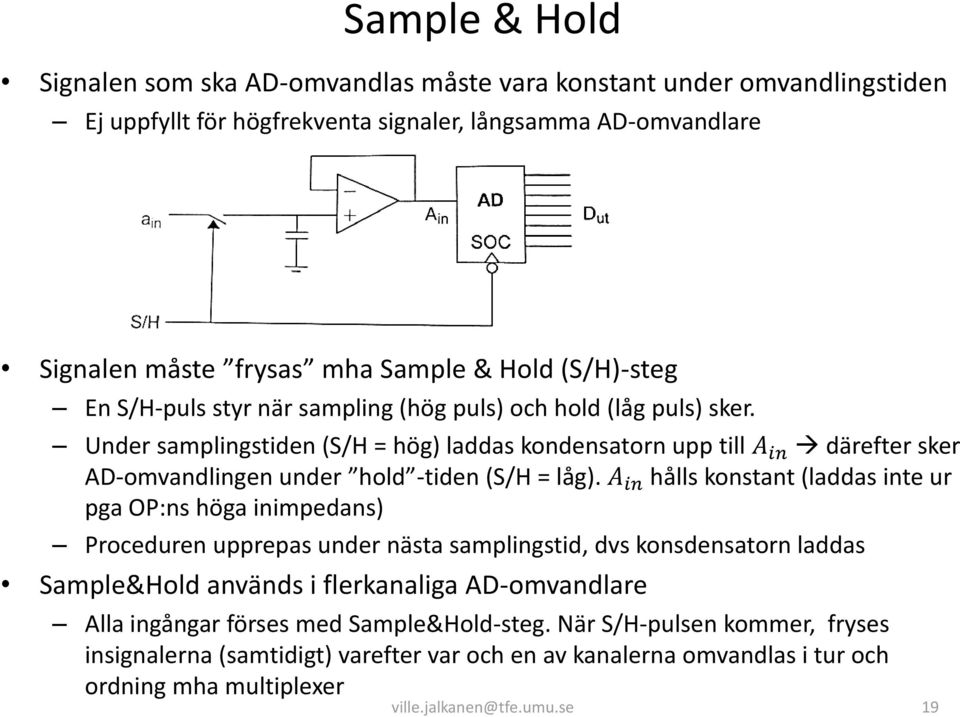 Under samplingstiden (S/H = hög) laddas kondensatorn upp till A in därefter sker AD-omvandlingen under hold -tiden (S/H = låg).