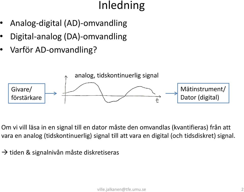 signal till en dator måste den omvandlas (kvantifieras) från att vara en analog (tidskontinuerlig) signal