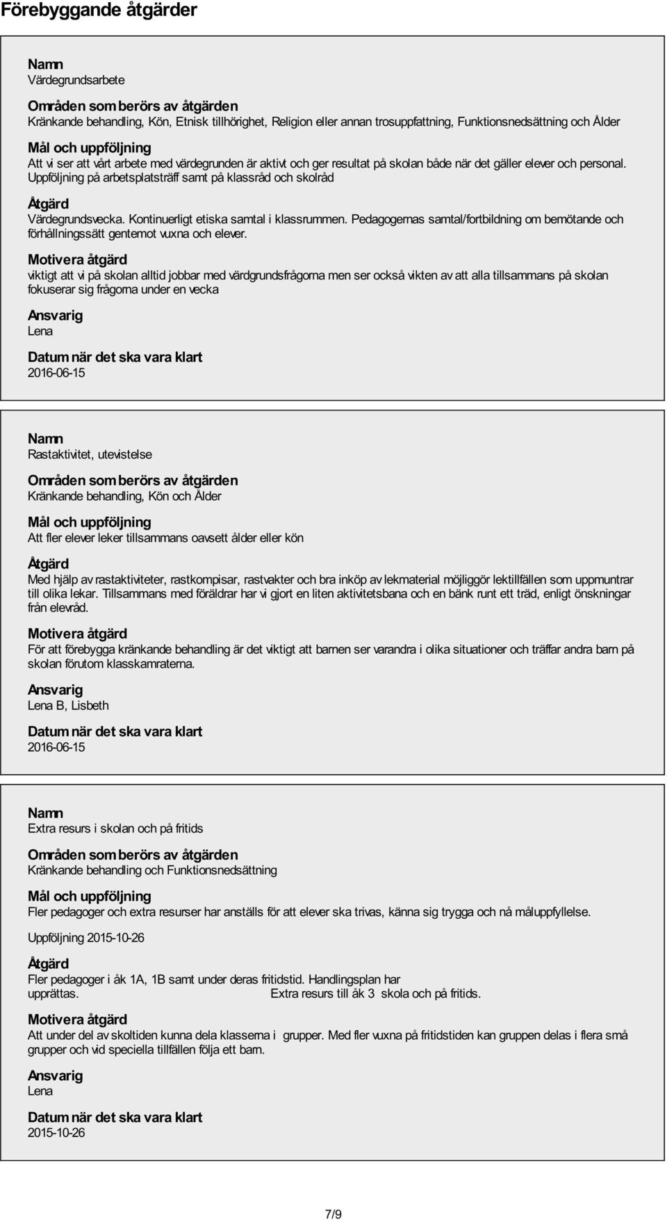 Kontinuerligt etiska samtal i klassrummen. Pedagogernas samtal/fortbildning om bemötande och förhållningssätt gentemot vuxna och elever.