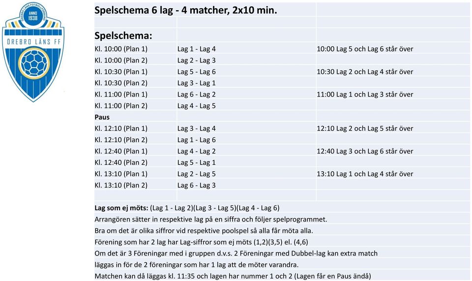 12:10 (Plan 1) Lag 3 - Lag 4 12:10 Lag 2 och Lag 5 står över Kl. 12:10 (Plan 2) Lag 1 - Lag 6 Kl. 12:40 (Plan 1) Lag 4 - Lag 2 12:40 Lag 3 och Lag 6 står över Kl. 12:40 (Plan 2) Lag 5 - Lag 1 Kl.