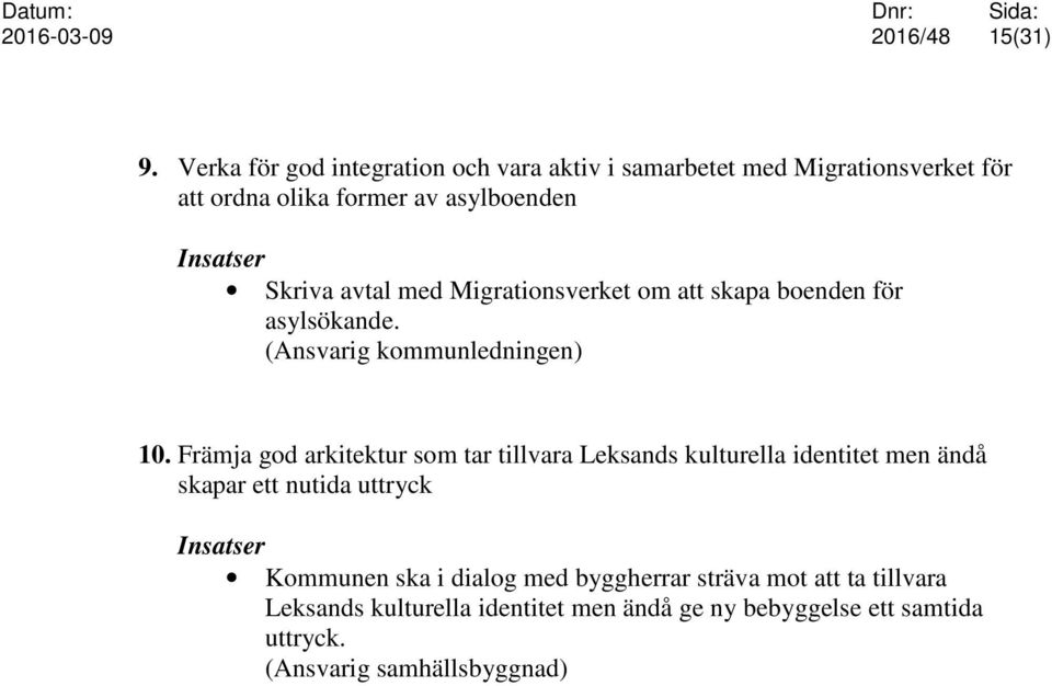 Skriva avtal med Migrationsverket om att skapa boenden för asylsökande. (Ansvarig kommunledningen) 10.