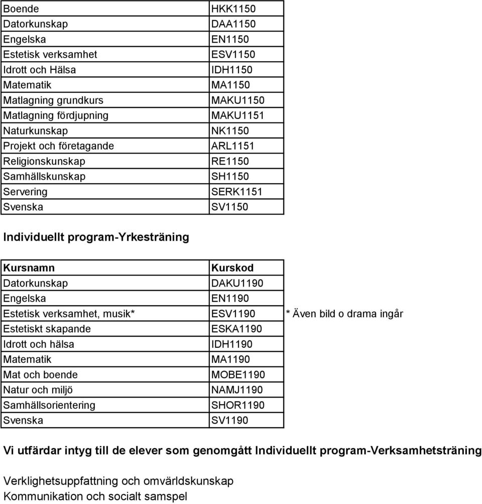 Estetisk verksamhet, musik* ESV1190 * Även bild o drama ingår Estetiskt skapande ESKA1190 Idrott och hälsa IDH1190 Matematik MA1190 Mat och boende MOBE1190 Natur och miljö NAMJ1190