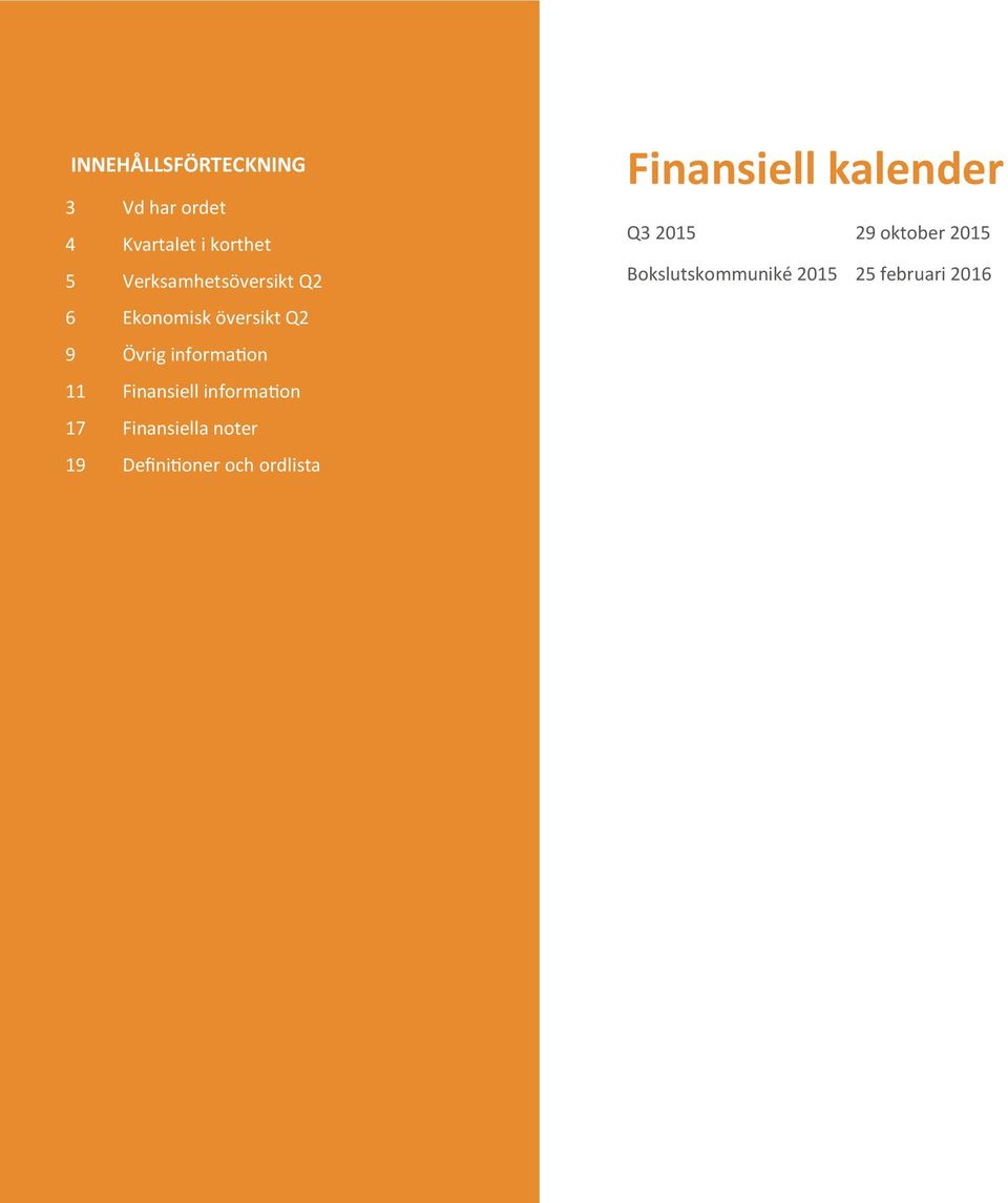 Finansiell information 17 Finansiella noter 19 Definitioner och
