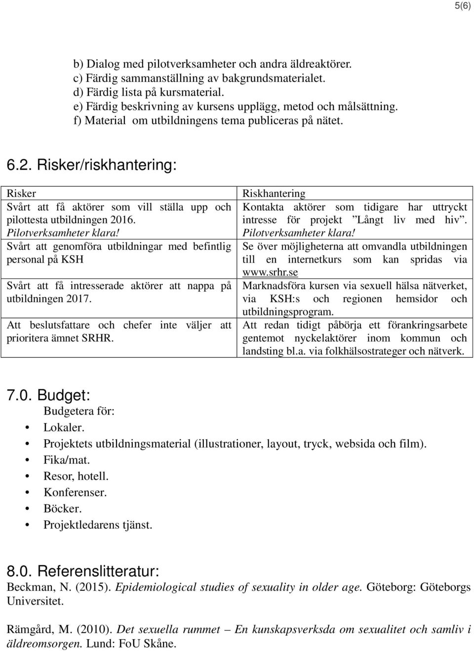 Risker/riskhantering: Risker Svårt att få aktörer som vill ställa upp och pilottesta utbildningen 2016. Pilotverksamheter klara!