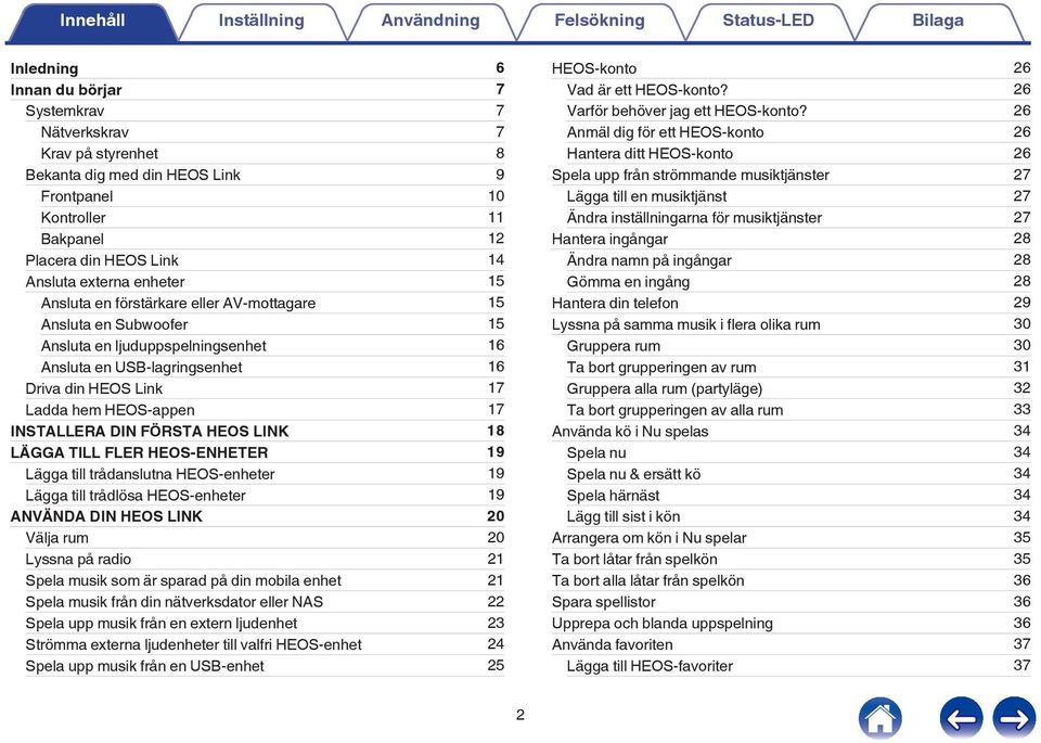 din HEOS Link 7 Ladda hem HEOS-appen 7 INSTALLERA DIN FÖRSTA HEOS LINK 8 LÄGGA TILL FLER HEOS-ENHETER 9 Lägga till trådanslutna HEOS-enheter 9 Lägga till trådlösa HEOS-enheter 9 ANVÄNDA DIN HEOS LINK