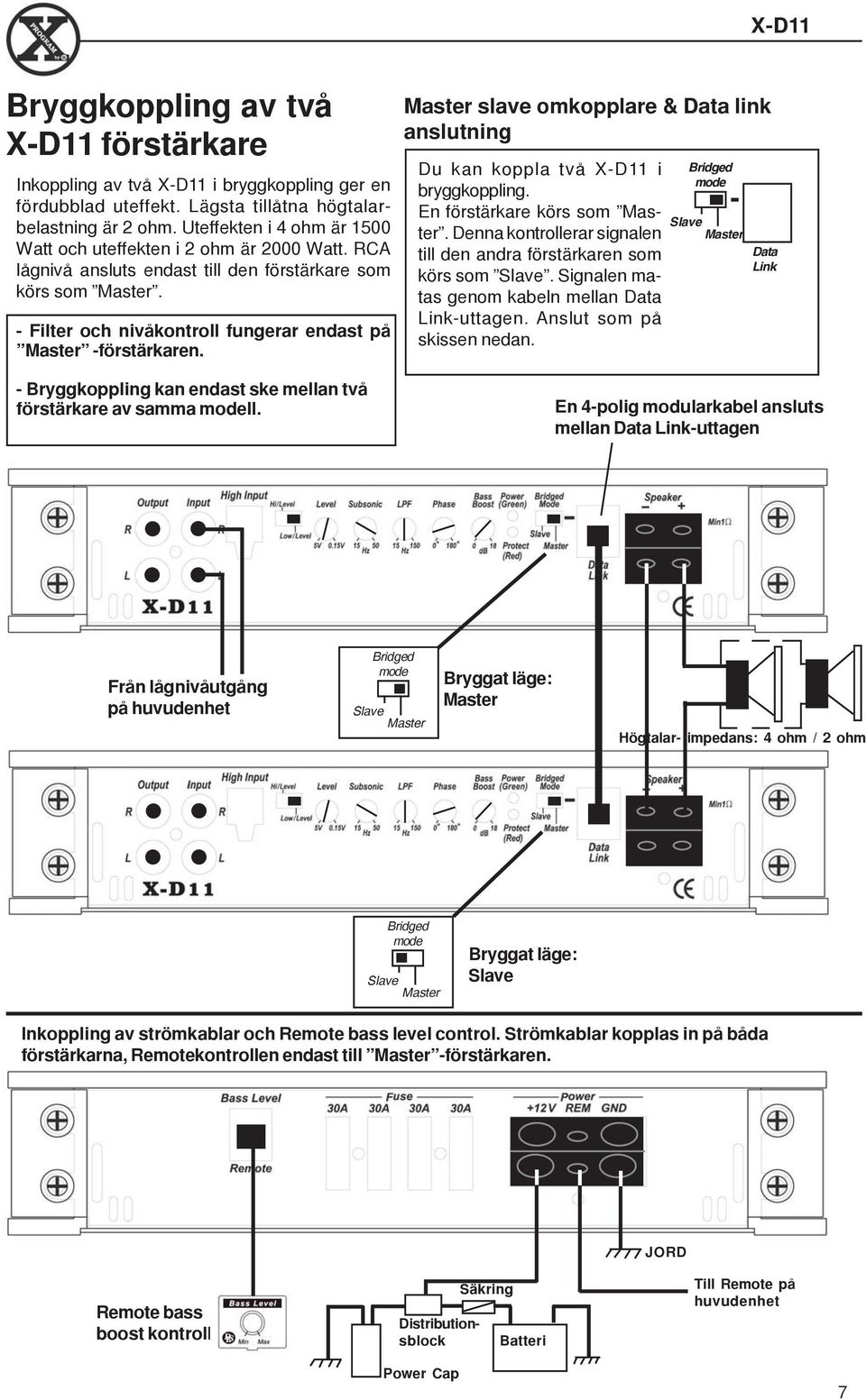 slave omkopplare & Data link anslutning Du kan koppla två i bryggkoppling. En förstärkare körs som. Denna kontrollerar signalen till den andra förstärkaren som körs som.
