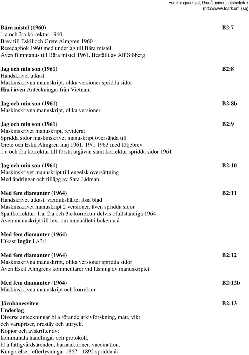 manuskript, olika versioner B2:8b Jag och min son (1961) B2:9 Maskinskrivet manuskript, reviderat Spridda sidor maskinskrivet manuskript översända till Grete och Eskil Almgren maj 1961, 19/1 1963 med
