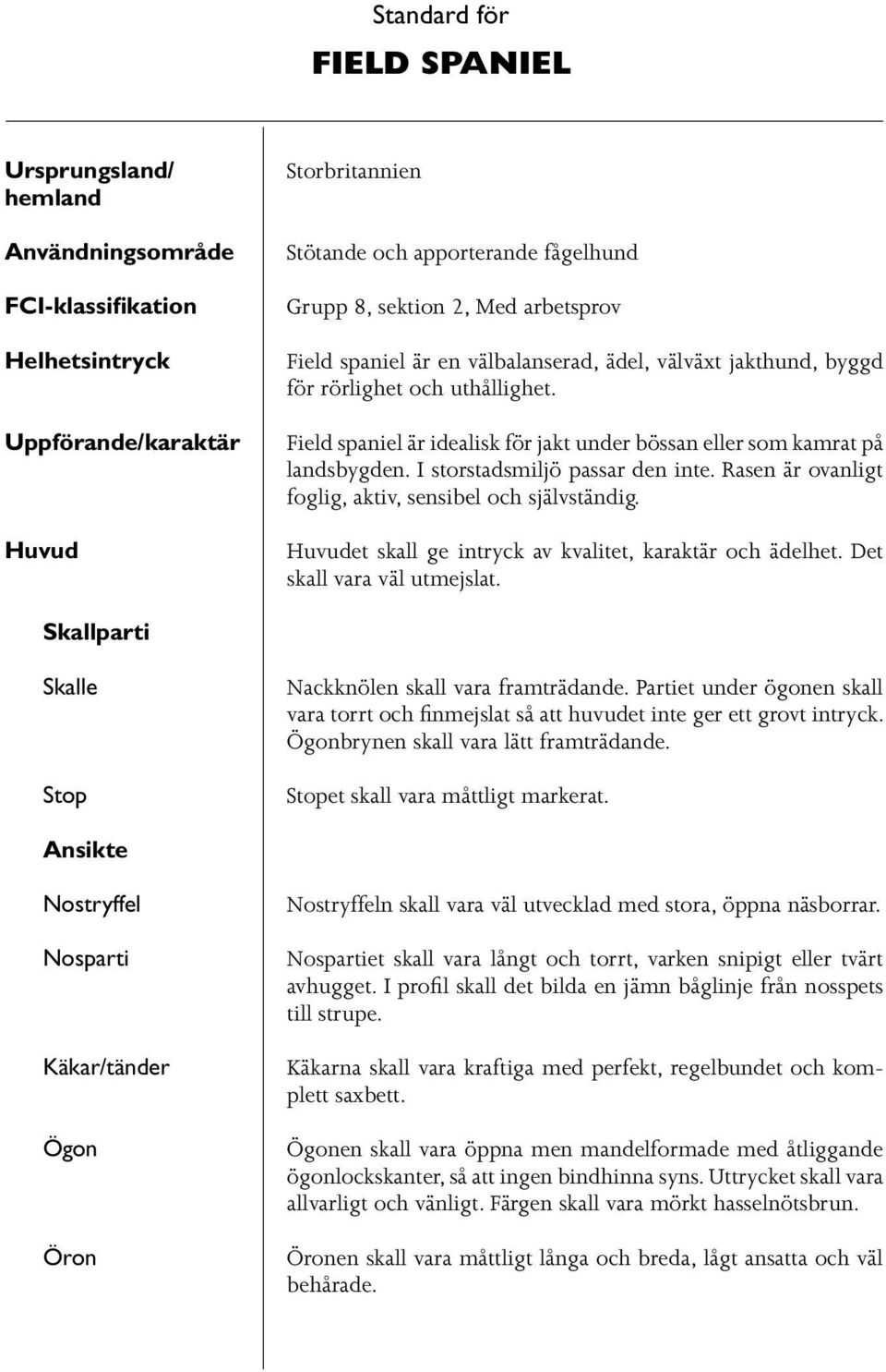 I storstadsmiljö passar den inte. Rasen är ovanligt foglig, aktiv, sensibel och självständig. Huvudet skall ge intryck av kvalitet, karaktär och ädelhet. Det skall vara väl utmejslat.