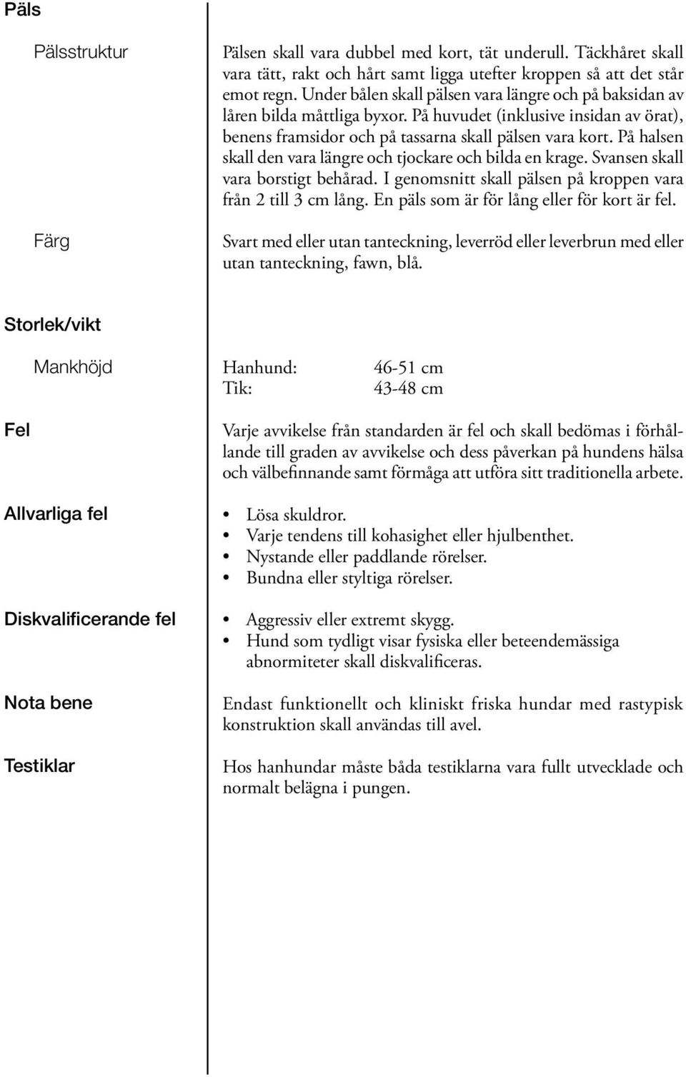 På halsen skall den vara längre och tjockare och bilda en krage. Svansen skall vara borstigt behårad. I genomsnitt skall pälsen på kroppen vara från 2 till 3 cm lång.