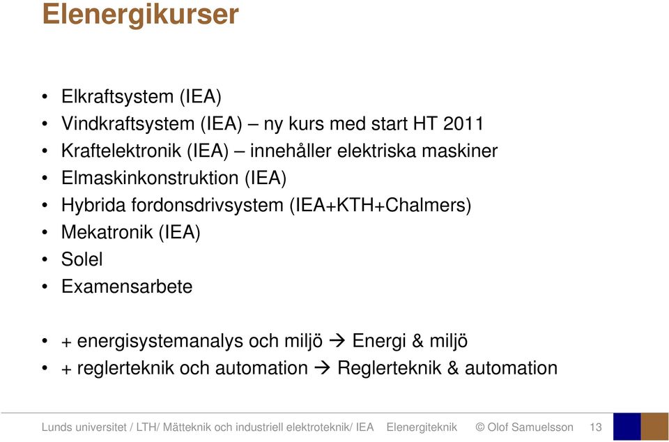 Mekatronik (IEA) Solel Examensarbete + energisystemanalys och miljö Energi & miljö + reglerteknik och automation