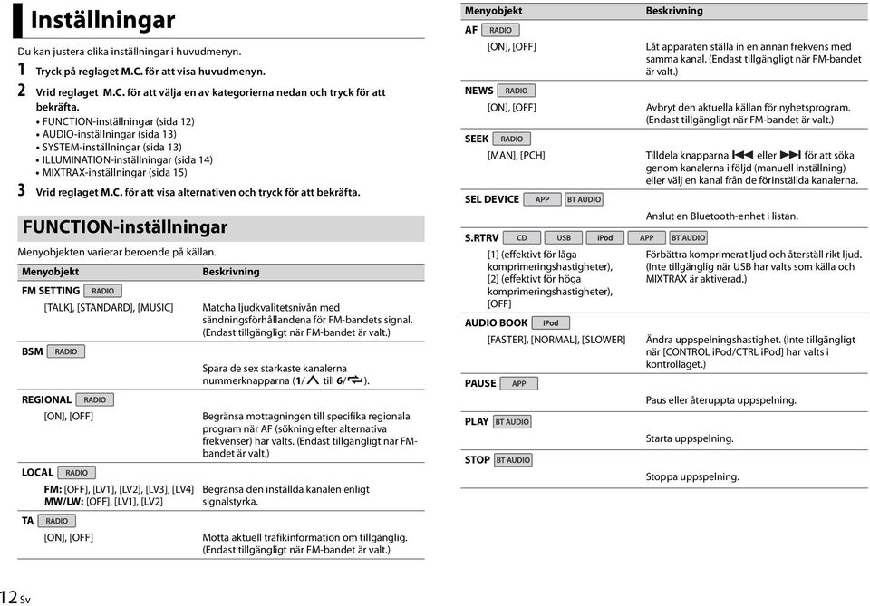 FUNCTION-inställningar en varierar beroende på källan. FM SETTING [TALK], [STANDARD], [MUSIC] Matcha ljudkvalitetsnivån med sändningsförhållandena för FM-bandets signal.