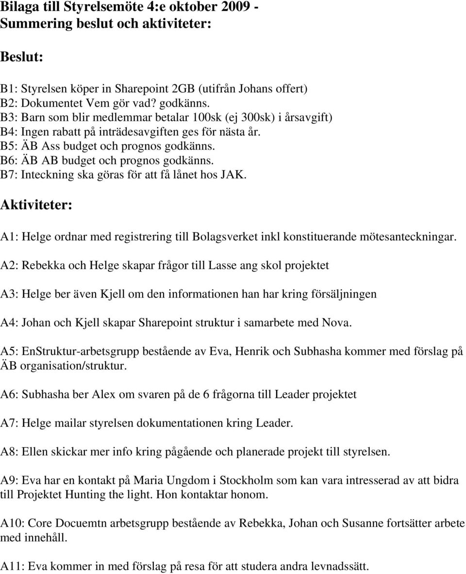 B7: Inteckning ska göras för att få lånet hos JAK. Aktiviteter: A1: Helge ordnar med registrering till Bolagsverket inkl konstituerande mötesanteckningar.