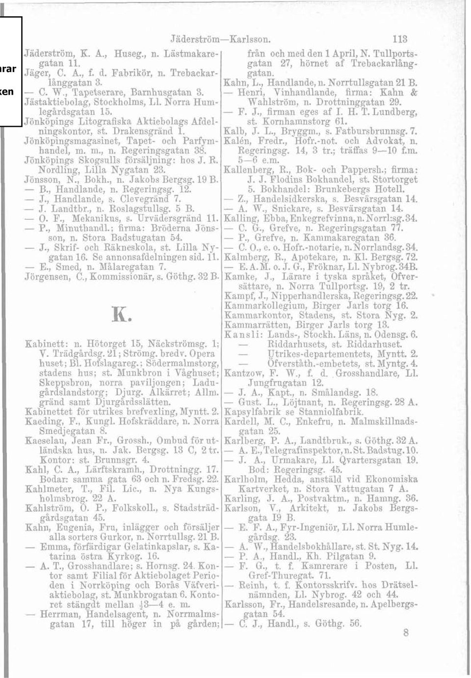 Jönköpings Skogsulls försäljning: hos J. R. Nordling, Lilla Nygatan 23. Jönsson, N., Bokh., n. Jakobs Bergsg. 19 B. - B., Handlande, n. Regeringsg. 12. - J., Handlande, s. Clevegrand 7. - J. Landtbr.