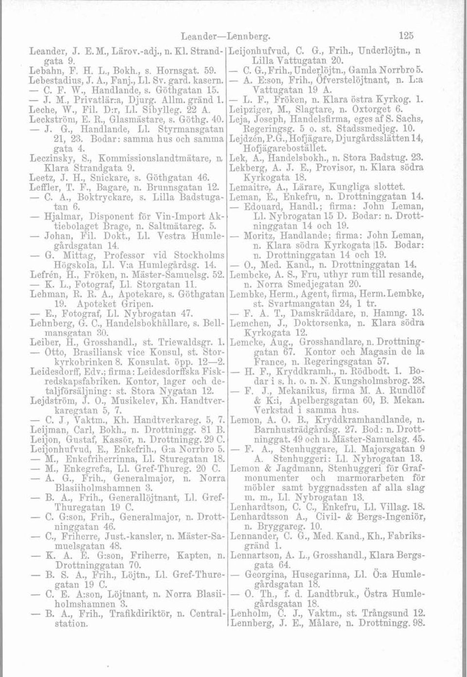 Bodar: samnia hus och samma gata 4. Leczinsky, S., Kommissionslandtmatare, n Klara Strandgata 9. Leetz, J. H., Snickare, s. Göthgatan 46. Leffler, T. F., Bagare, n. Brunnsgatan 12. - C. A.