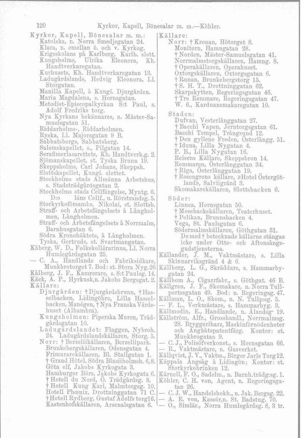 t Operakallaren, Operahuset. Kurhusets, Kh. Handtverkaregatan 13. Ostorgskallaren, Oxtorgsgatan 6. Ladugårdslands, Hedvig Eleonora, L1. t Runan, Brunkebergstorg 15. Storgatan. t S. H. T.