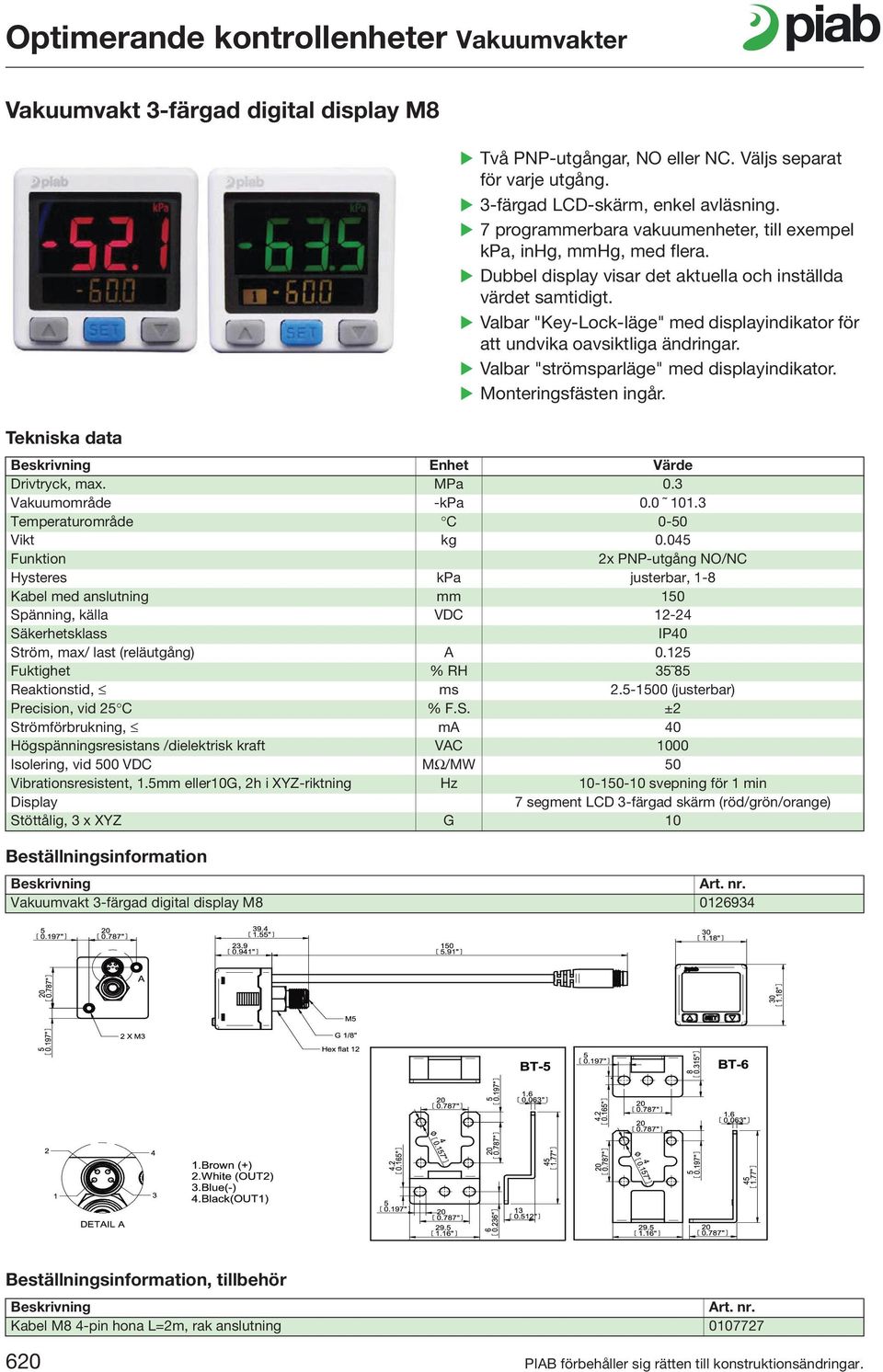 Valbar "Key-Lock-läge" med displayindikator för att undvika oavsiktliga ändringar. Valbar "strömsparläge" med displayindikator. Monteringsfästen ingår. Enhet Värde Drivtryck, max. MPa 0.