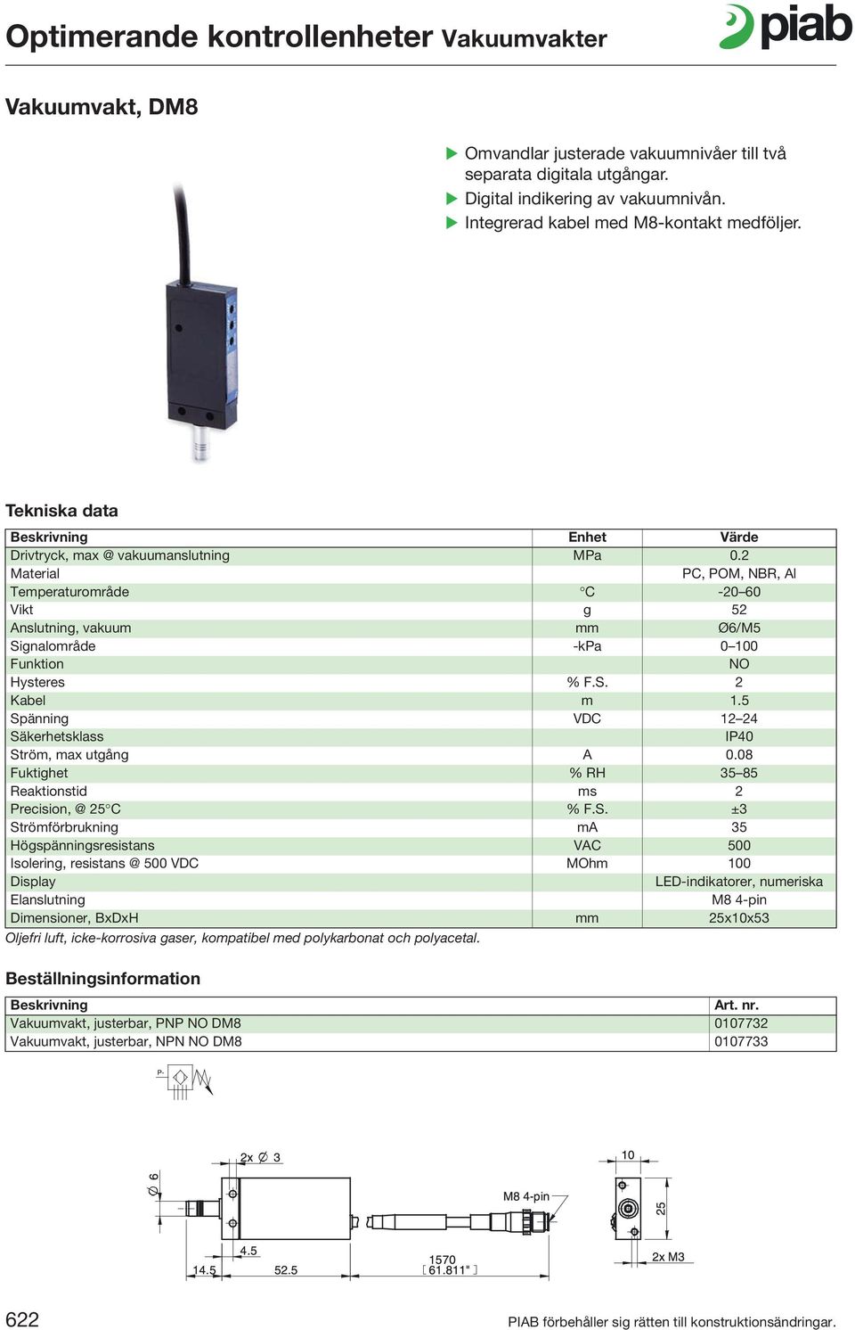 5 Spänning VDC 12 24 IP40 Ström, max utgång A 0.08 Fuktighet % RH 35 85 Reaktionstid ms 2 Precision, @ 25 C % F.S. ±3 Strömförbrukning ma 35 Högspänningsresistans VAC 500 Isolering, resistans @ 500