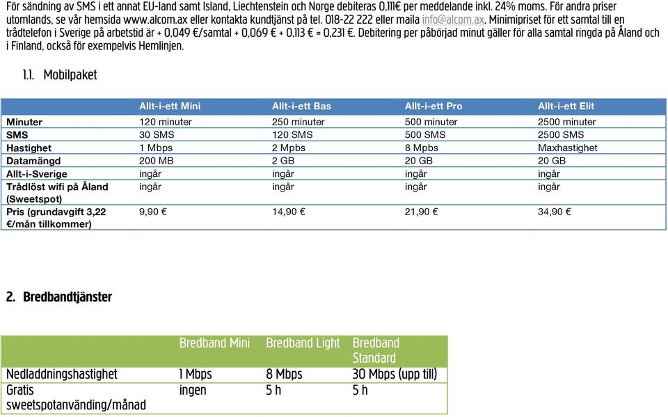 Debitering per påbörjad minut gäller för alla samtal ringda på Åland och i Finland, också för exempelvis Hemlinjen. 1.