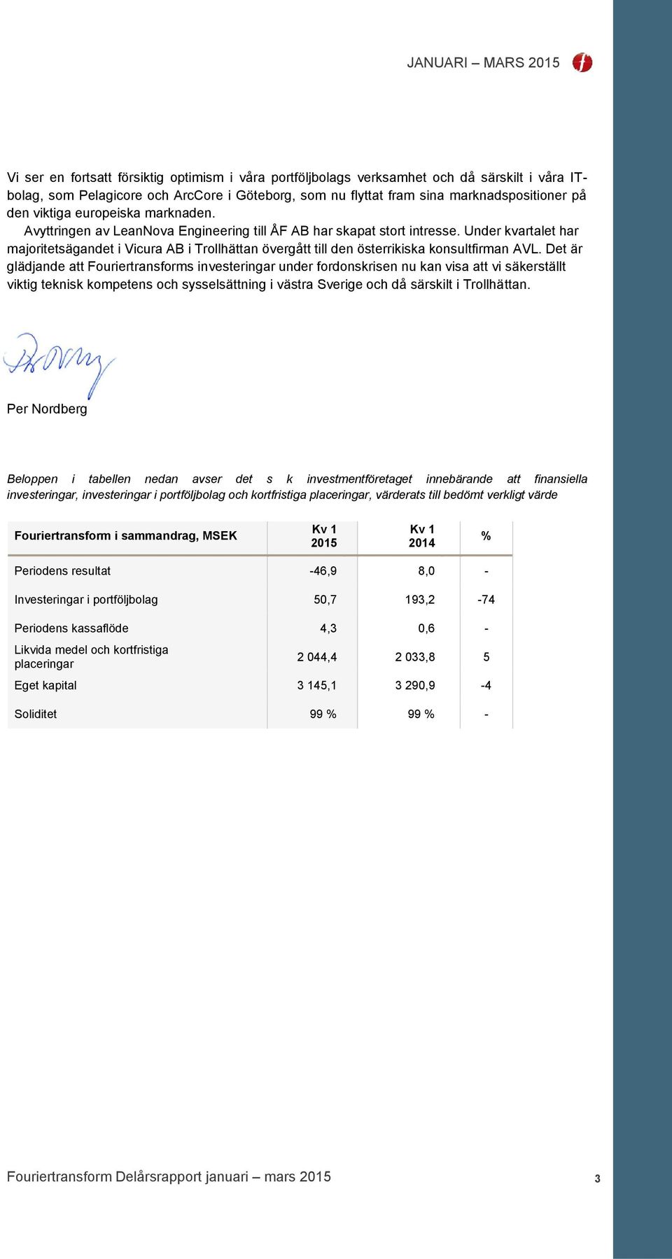 Under kvartalet har majoritetsägandet i Vicura AB i Trollhättan övergått till den österrikiska konsultfirman AVL.